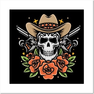 American Traditional Cowboy Skeleton Floral tattoo Posters and Art